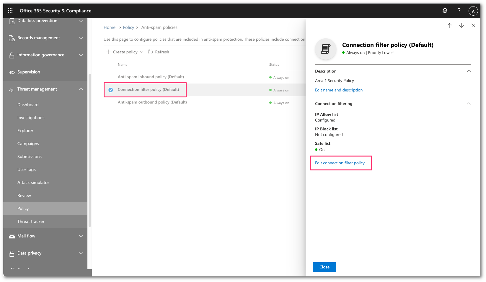 Select edit connection filter policy